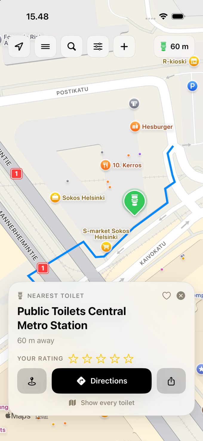 Toilet Map on iPhone: a map of central Helsinki with the walking route drawn to the nearest toilet 60 metres away, and a card showing its name, rating and actions for directions and sharing.